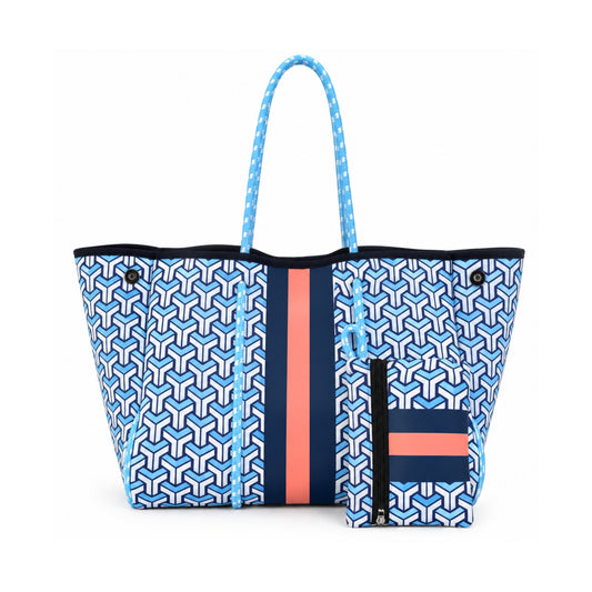 Bolso de neopreno azul con diseño geométrico y estuche incluido.