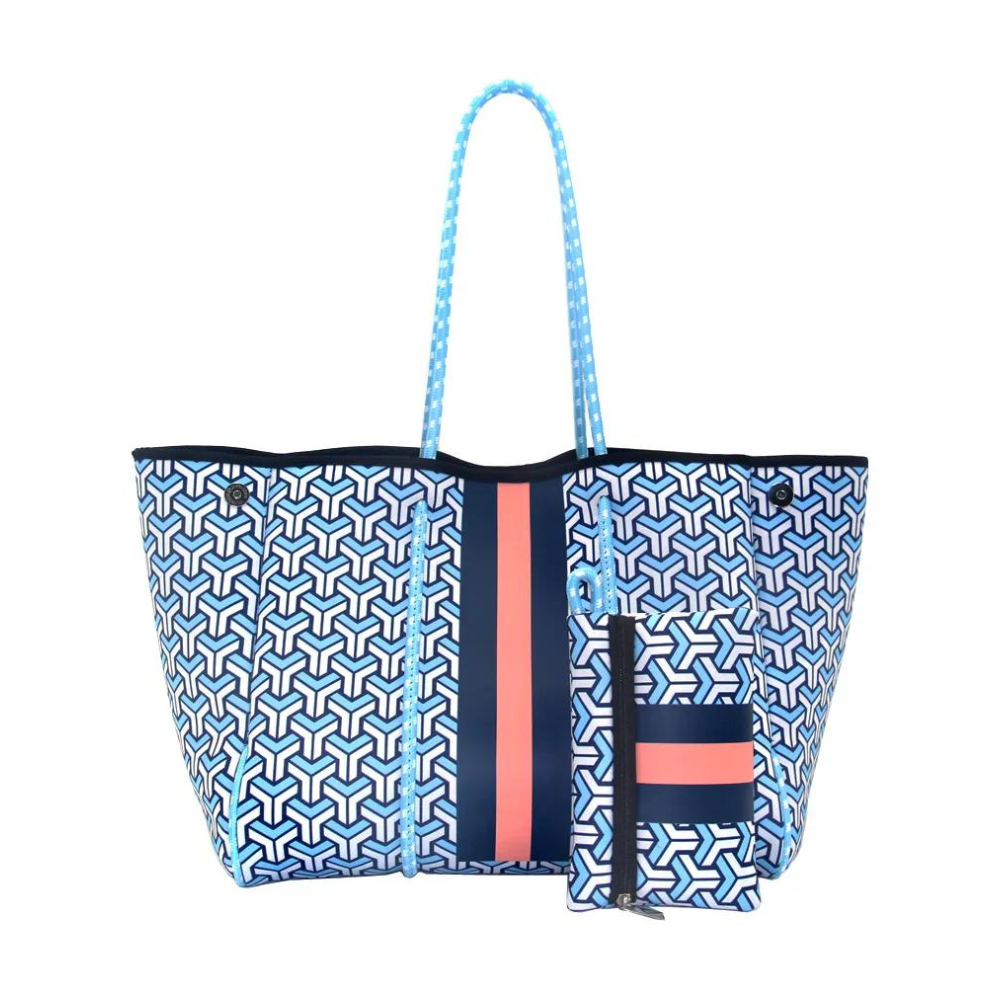 Bolso de neopreno azul con Malba, práctico y moderno, incluye estuche adicional para cosméticos. Ideal para la universidad, trabajo, gimnasio o playa.