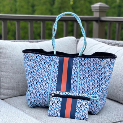 Bolso de neopreno azul con Malba, práctico y moderno, incluye estuche adicional para cosméticos. Ideal para la universidad, trabajo, gimnasio o playa.