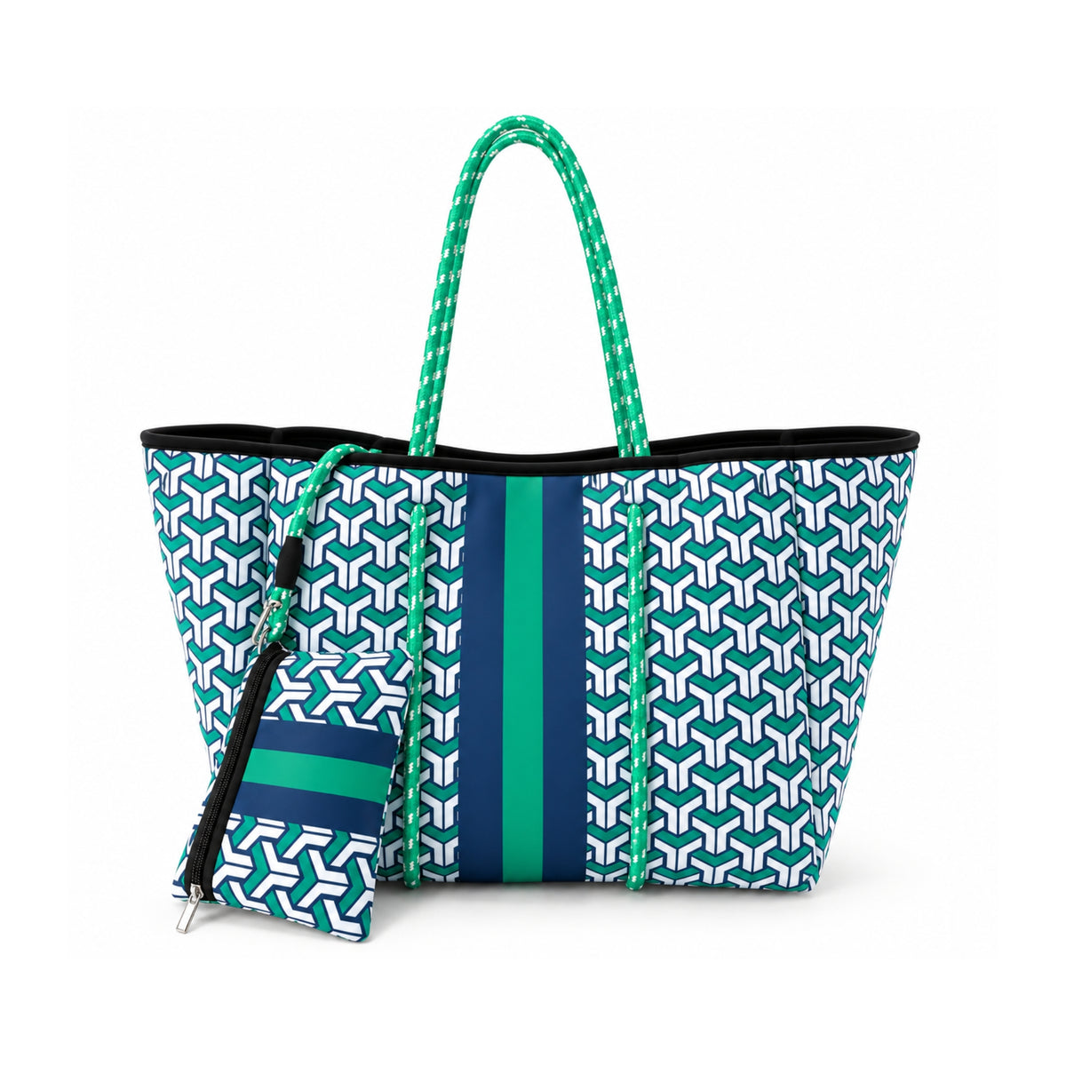 Bolso de neopreno azul con verde con diseño geométrico.