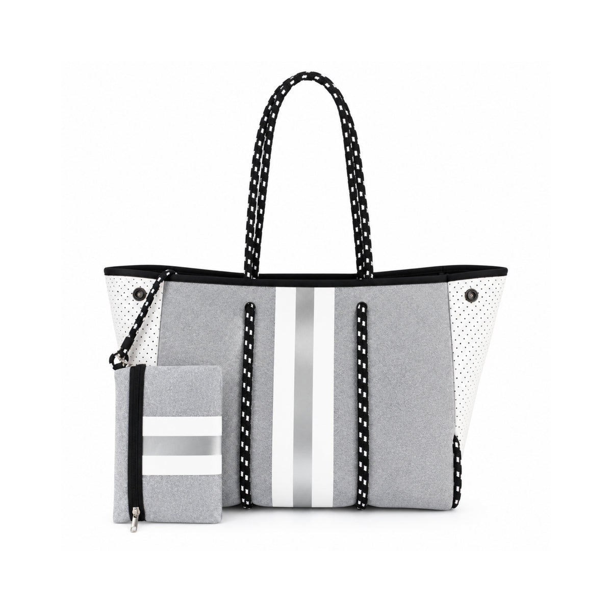 Bolso de neopreno gris con blanco y neceser incluido