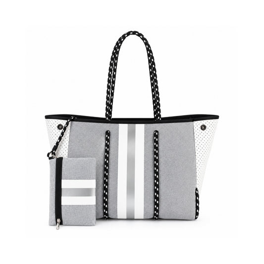 Bolso de neopreno gris con blanco y estuche incluido