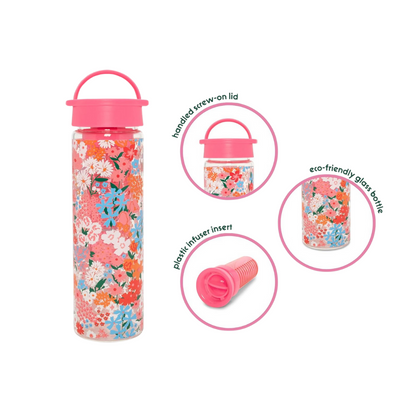Botella de vidrio "Secret Garden" con infusor para agua, diseño floral, tapa con asa y materiales libres de BPA, plomo y ftalatos.