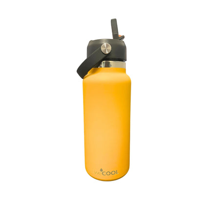 Botella térmica de acero inoxidable 1000ml color amarillo con tapa de pico, aislamiento de doble pared y diseño resistente.