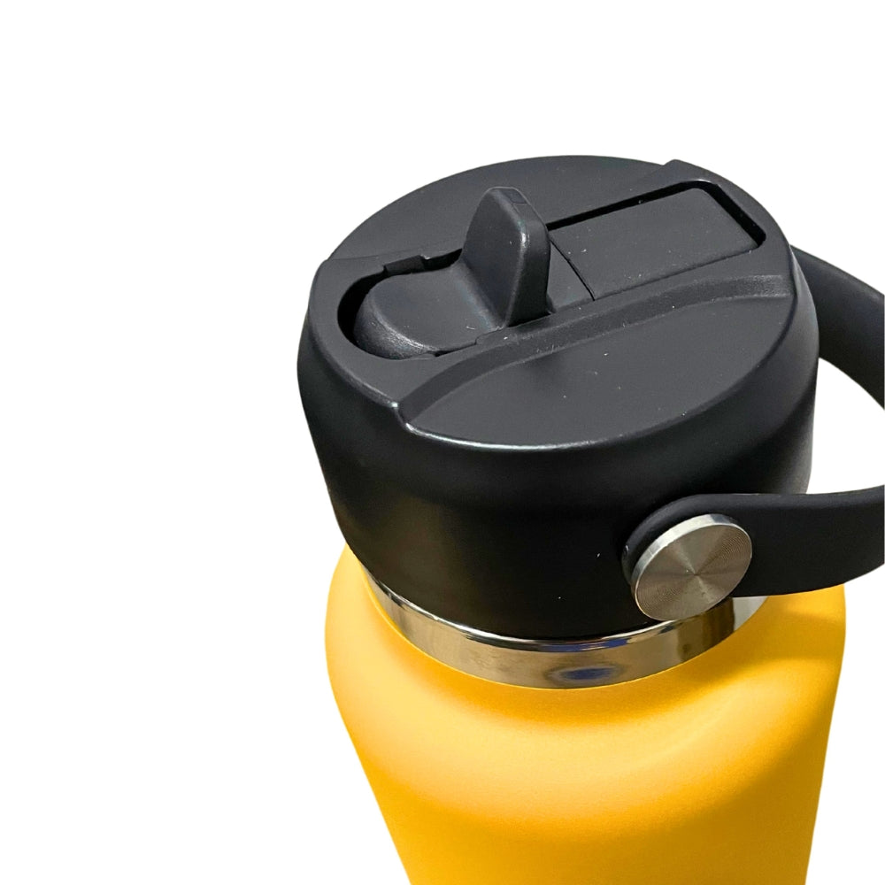 Botella térmica de acero inoxidable 1000ml color amarillo con tapa de pico, aislamiento de doble pared y diseño resistente.