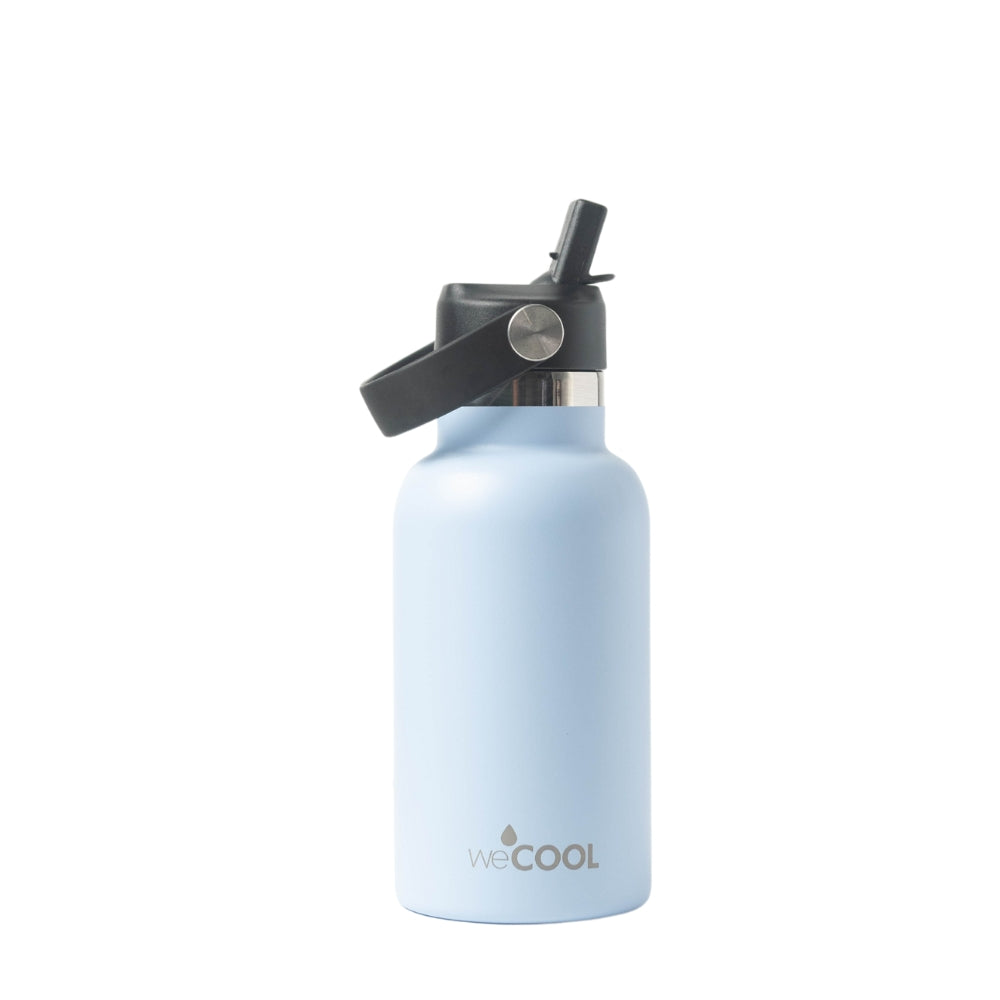 Botella térmica para niños 350ml color celeste con tapa hermética y diseño resistente.
