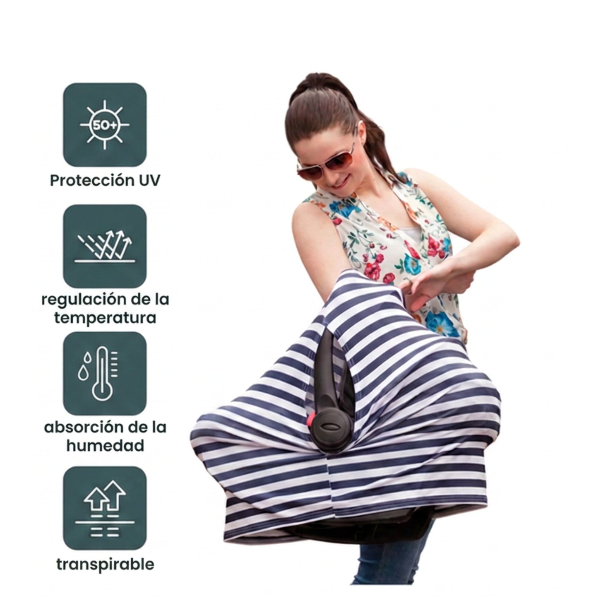 Cobertor para coche de bebé con SPF 50+ diseñado para proteger del sol, el viento y dar comodidad a los bebés.