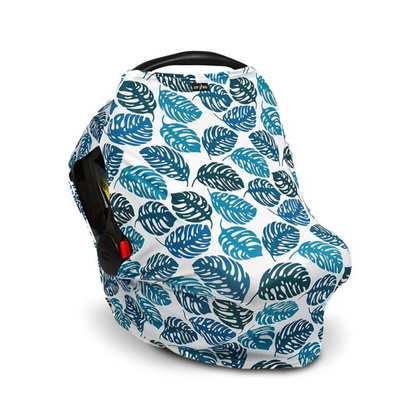Cobertor para coche de bebé con UPF 50+ y estampado Love, gris, hojas verdes, o rayas azules, diseñado para protección solar, ventilación y comodidad.