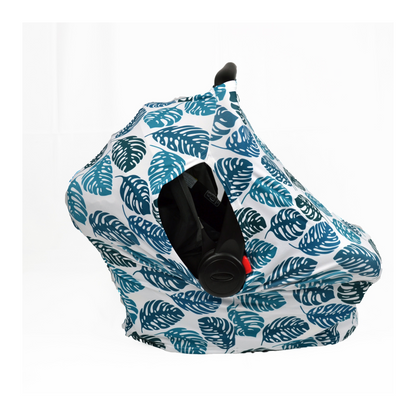 Cobertor para coche de bebé con UPF 50+ y estampado Love, gris, hojas verdes, o rayas azules, diseñado para protección solar, ventilación y comodidad.