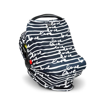 Cobertor para coche de bebé con UPF 50+ y estampado Love, gris, hojas verdes, o rayas azules, diseñado para protección solar, ventilación y comodidad.
