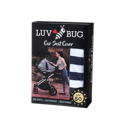 Cobertor para coche de bebé con UPF 50+ y estampado Love, gris, hojas verdes, o rayas azules, diseñado para protección solar, ventilación y comodidad.