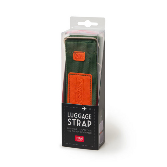Correa para maleta LEGAMI con cierre de velcro en colores verde, magenta y marrón, ajustable y resistente para asegurar el equipaje.