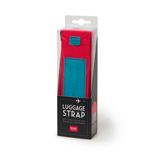 Correa para maleta LEGAMI con cierre de velcro en colores verde, magenta y marrón, ajustable y resistente para asegurar el equipaje.