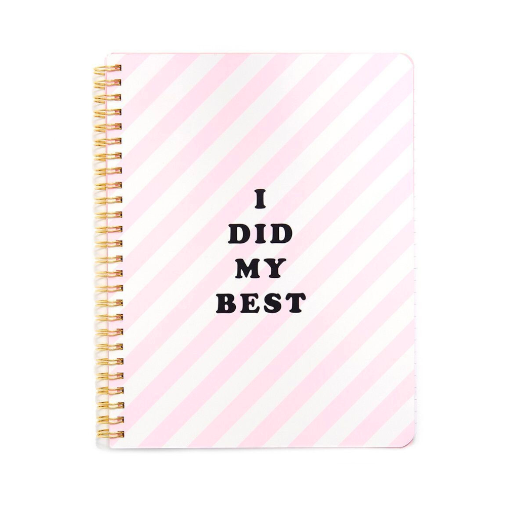 Cuaderno "I Did My Best" con diseño de rayas pasteles y frases motivadoras, encuadernación metálica y 160 páginas para notas y reflexiones.