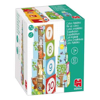 Cubos apilables del bosque para bebés desde 12 meses, marca Goula. Incluye 10 cubos con ilustraciones de animales y escenarios, ideal para estimular motricidad y creatividad.