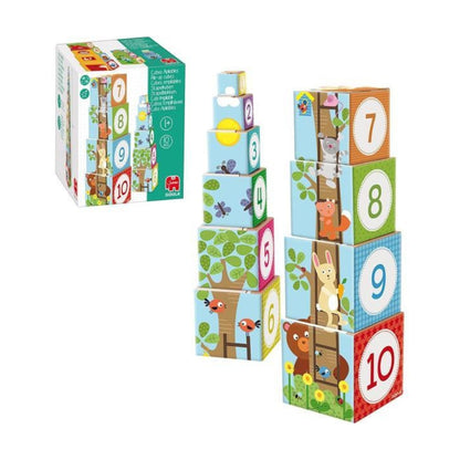 Cubos apilables del bosque para bebés desde 12 meses, marca Goula. Incluye 10 cubos con ilustraciones de animales y escenarios, ideal para estimular motricidad y creatividad.