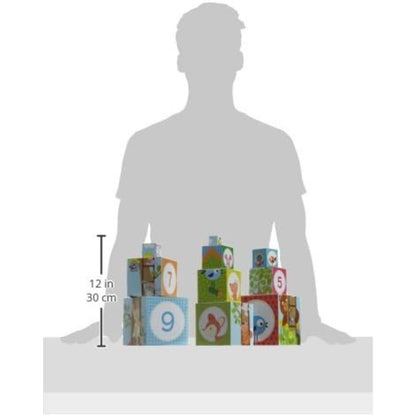 Cubos apilables del bosque para bebés desde 12 meses, marca Goula. Incluye 10 cubos con ilustraciones de animales y escenarios, ideal para estimular motricidad y creatividad.