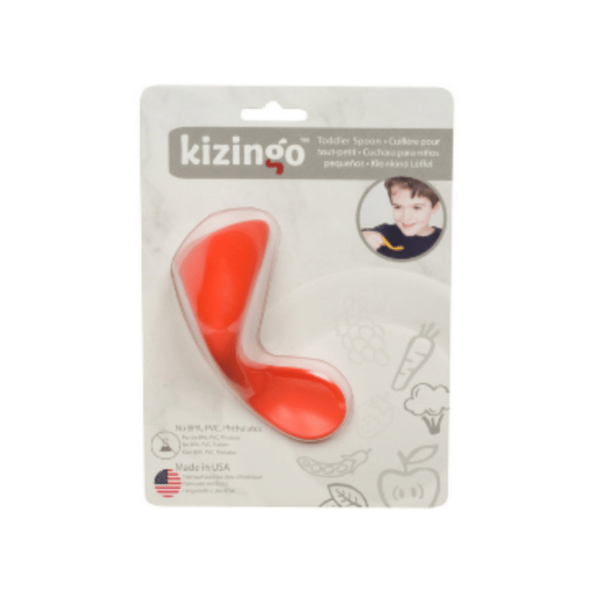 Cuchara ergonómica para bebé diestro en color naranja. Diseño curvo para facilitar la autoalimentación.