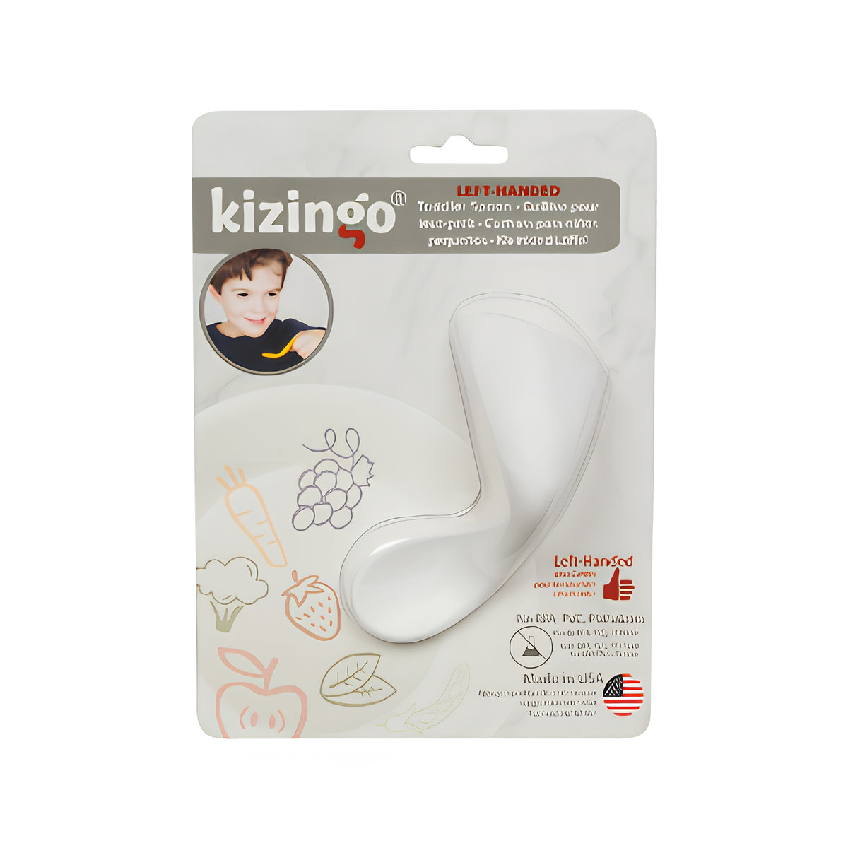 Cuchara ergonómica para bebé zurdo en colores blanco y rosado. Diseño curvo para facilitar la autoalimentación.