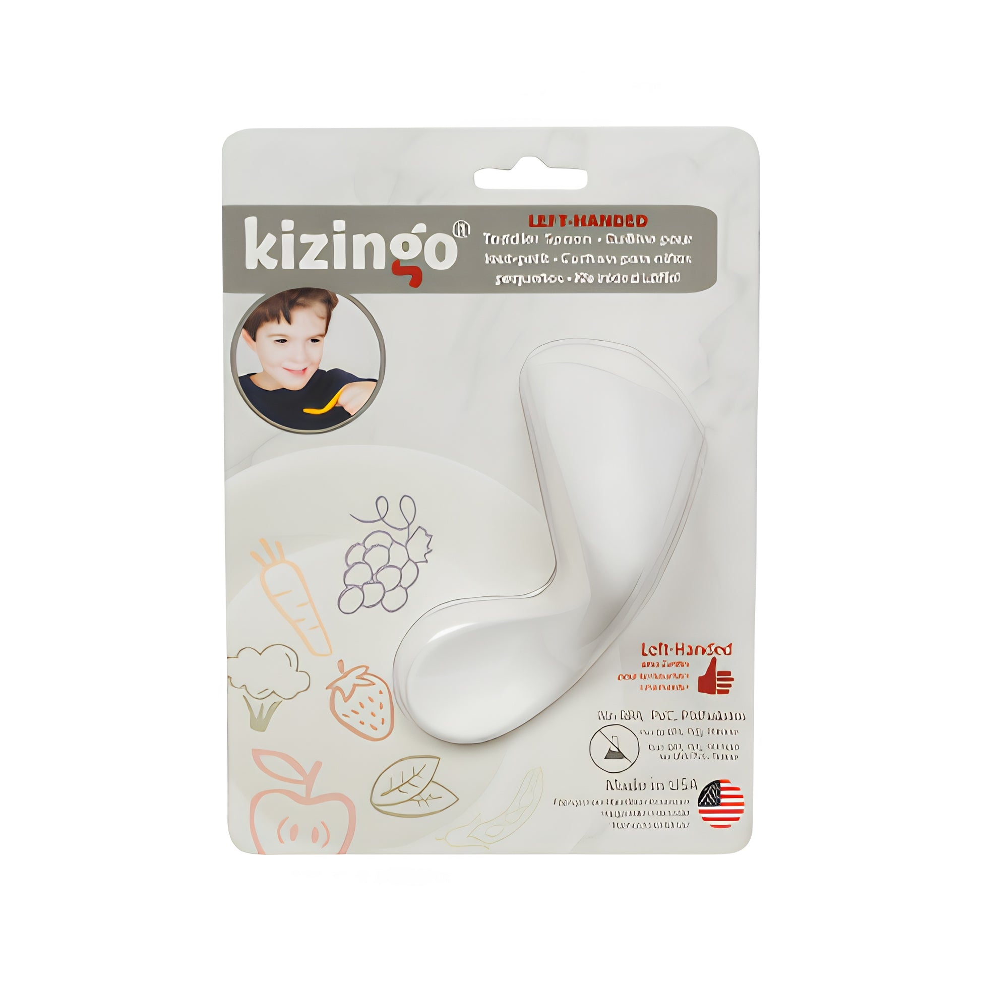 Cuchara ergonómica para bebé zurdo en colores blanco y rosado. Diseño curvo para facilitar la autoalimentación.