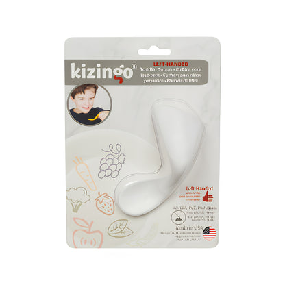 Cuchara ergonómica para bebé zurdo en colores blanco y rosado. Diseño curvo para facilitar la autoalimentación.