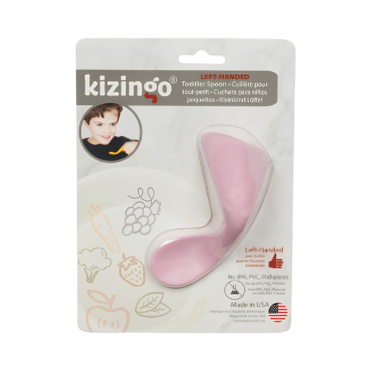 Cuchara ergonómica para bebé zurdo en colores blanco y rosado. Diseño curvo para facilitar la autoalimentación.