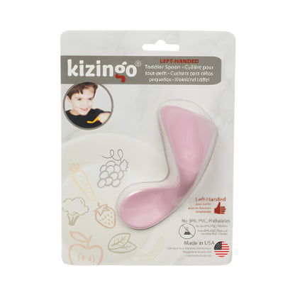 Cuchara ergonómica para bebé zurdo en colores blanco y rosado. Diseño curvo para facilitar la autoalimentación.