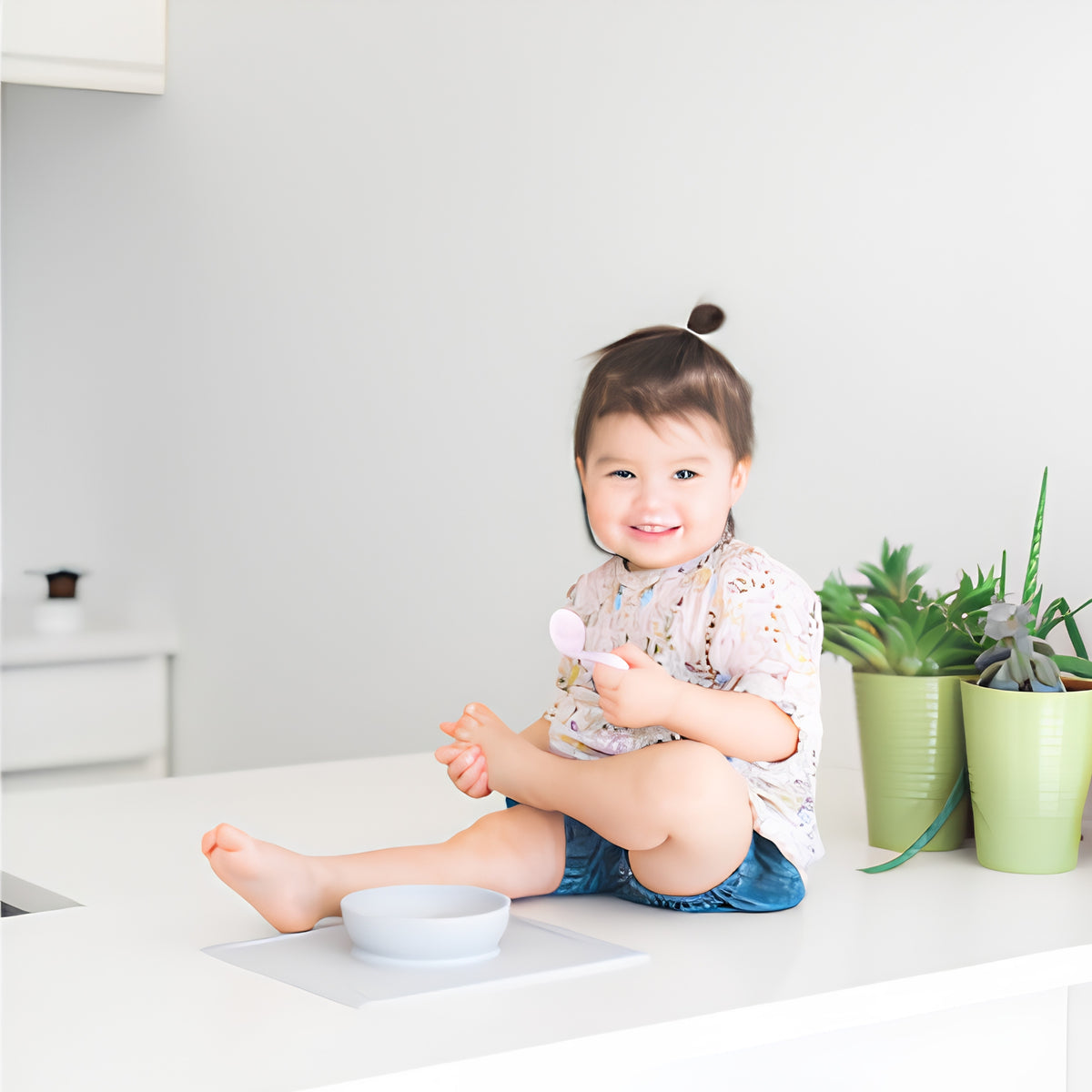 Cuchara ergonómica para bebé zurdo en colores blanco y rosado. Diseño curvo para facilitar la autoalimentación.