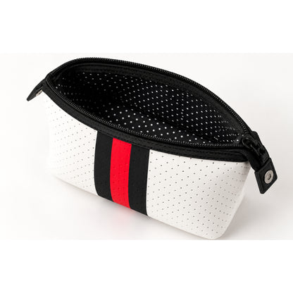 Estuche de neopreno blanco con rojo abierto