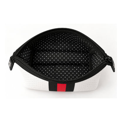 Estuche de neopreno blanco con rojo abierto