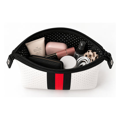 Estuche de neopreno blanco con rojo con cosméticos