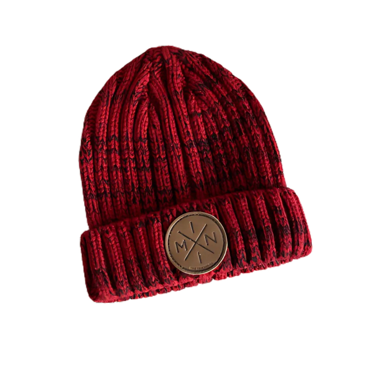 Gorro beanie de algodón rojo para bebé y niño con parche de cuero marrón