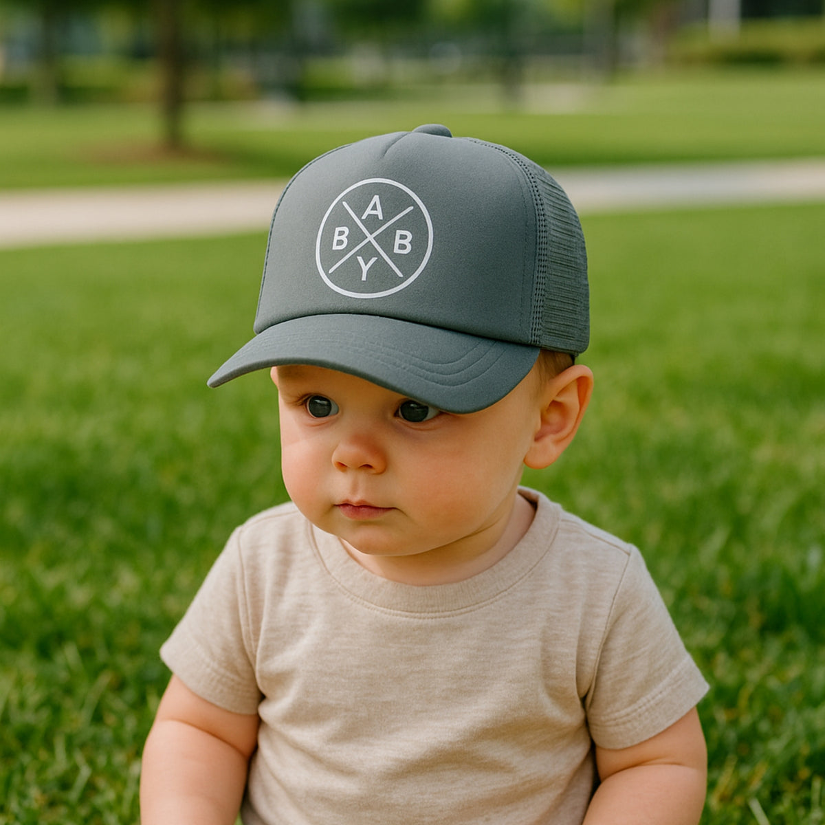 Gorra gris para bebé con correa ajustable y parte trasera de malla.