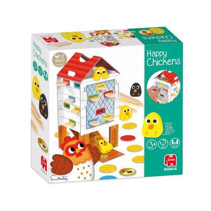 Juego de mesa Happy Chickens de Goula para niños desde 3 años. Incluye gallinas y nidos para clasificar por colores, ideal para desarrollar coordinación, atención y juego en familia.