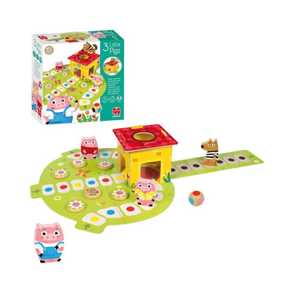 Juego de mesa Los Tres Cerditos de Goula para niños desde 2 años. Incluye personajes, casa 3D, tablero y accesorios del cuento, ideal para desarrollar habilidades cognitivas y sociales jugando en familia.