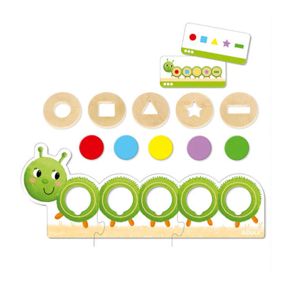 Juego educativo Oli Shapes & Colors de Goula para niños desde 2 años. Incluye oruga, fichas de colores y tarjetas con desafíos. Ideal para aprender figuras, colores y lógica de forma divertida.