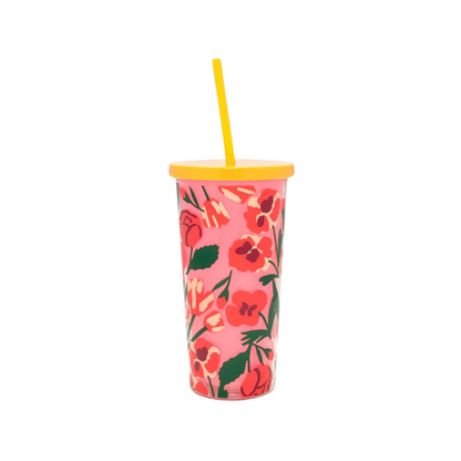 Mug con cañita "Las Flores" de 20 oz con diseño floral, doble pared aislante y tapa ajustable. Libre de BPA.