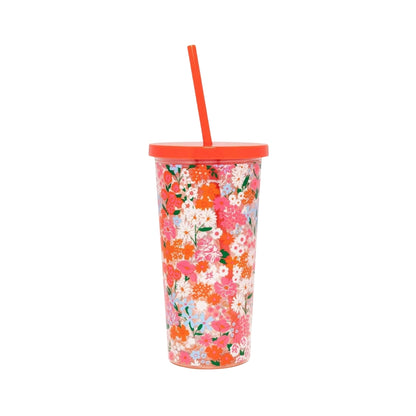 Mug con cañita "Secret Garden" de 20 oz, diseño floral con doble pared aislante y cañita de silicona, libre de BPA.