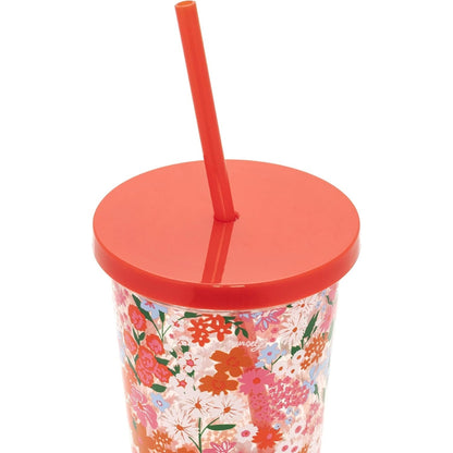 Mug con cañita "Secret Garden" de 20 oz, diseño floral con doble pared aislante y cañita de silicona, libre de BPA.