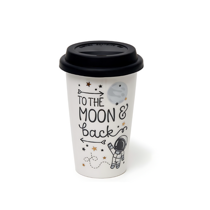 Mug térmico "Moon & Back" de porcelana con diseño de astronauta, tapa de silicona y capacidad de 300ml.