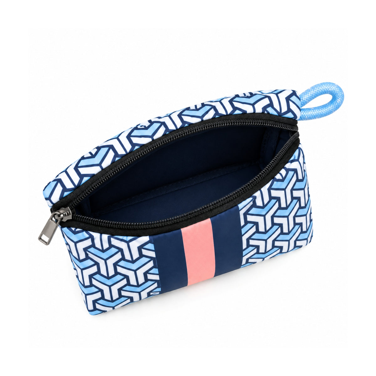 Neceser de neopreno azul con malva y diseño geométrico