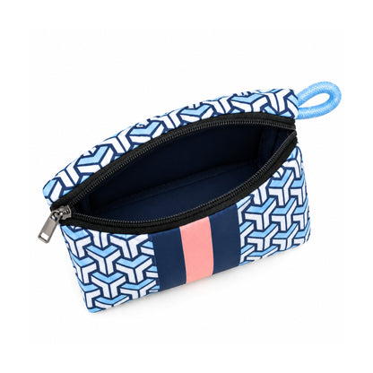 Neceser de neopreno azul con malva y diseño geométrico