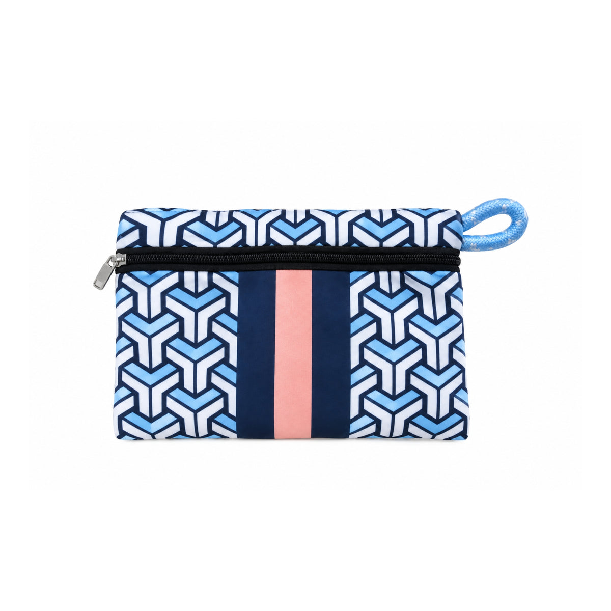 Neceser de neopreno azul con malva y diseño geométrico