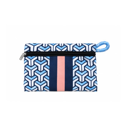 Neceser de neopreno azul con malva y diseño geométrico