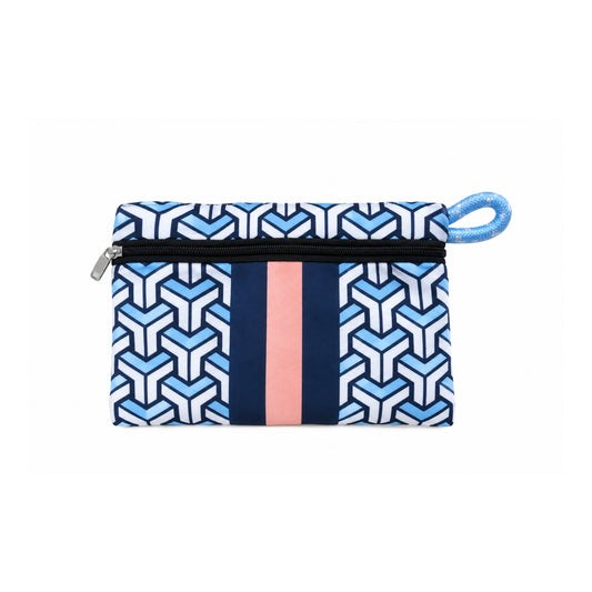 Neceser de neopreno azul con malva y diseño geométrico