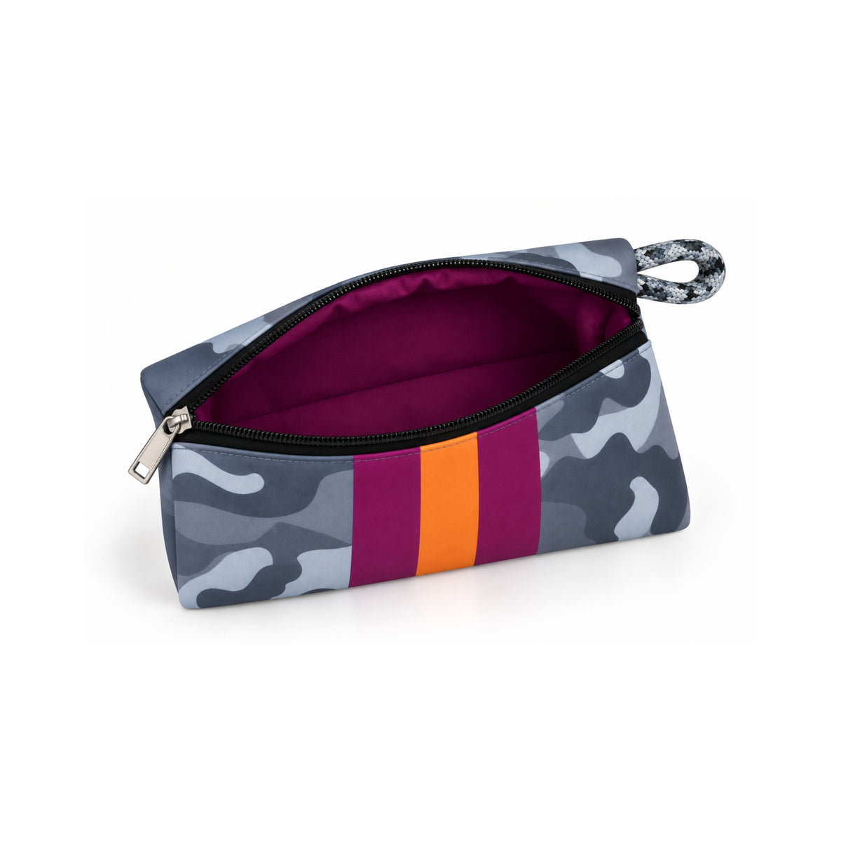 Neceser de neopreno camuflaje gris naranja abierto.