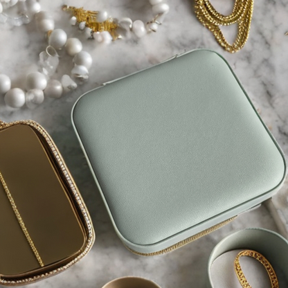 Organizador de joyas color celeste, compacto y elegante, ideal para guardar tus accesorios con estilo y protección.