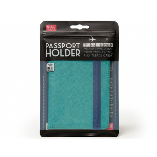 Porta documentos Legami con elástico, protección RFID, bolsillo para pasaporte y compartimentos para tarjetas, en color turquesa.