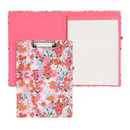 Portafolio con clip Secret Garden, clipboard profesional con diseño floral, bloc de notas removible y clip metálico dorado.