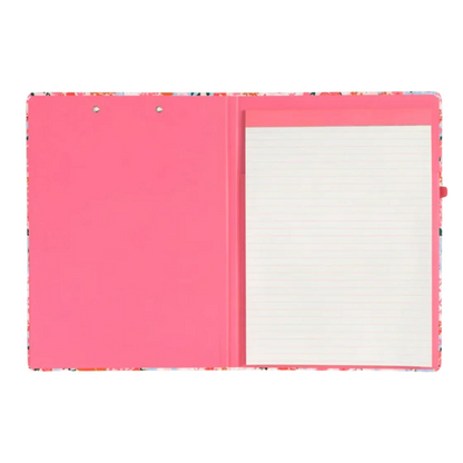 Portafolio con clip Secret Garden, clipboard profesional con diseño floral, bloc de notas removible y clip metálico dorado.